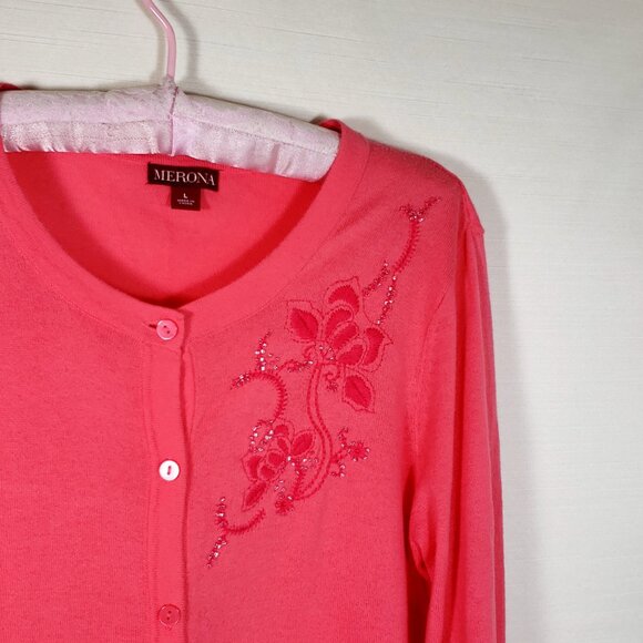 Y2K Vtg MERONA bright coral button up Cardigan Sweater Beaded Embroidered - Picture 6 of 8
